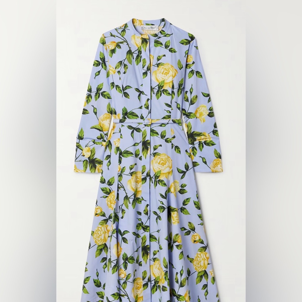 SOLD!!OSCAR DE LA RENTA Belted floral-print cotton-blend poplin midi shirt dress